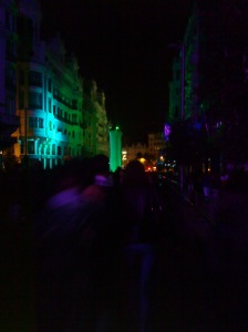 Juego de luces en Gran Vía en Noche en Blanco. Fuente: Madrid no Duerme